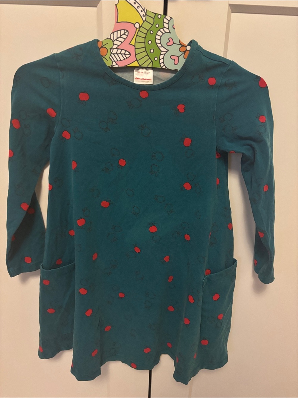 Hanna Andersson Girls Teal Apple Print Dress Size 6-7